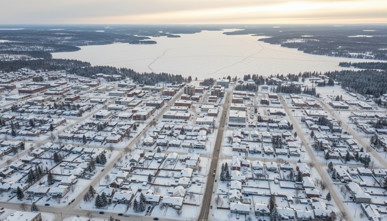 Aerial view of North Bay Ontario showing residential neighbourhoods near Lake Nipissing