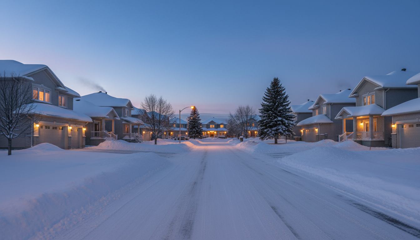 Winter residential street in West Nipissing where carpet cleaning service is available year-round