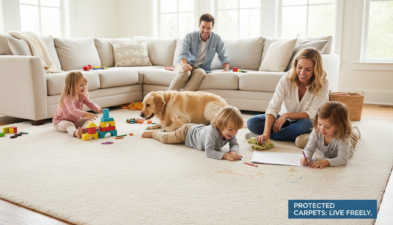 Family with children and pets enjoying clean protected carpet in their North Bay home