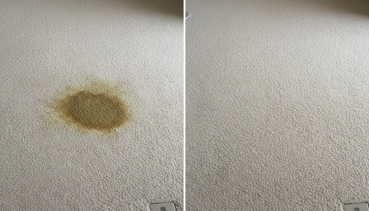 Before and after pet stain removal results on carpet in a Callander Ontario home