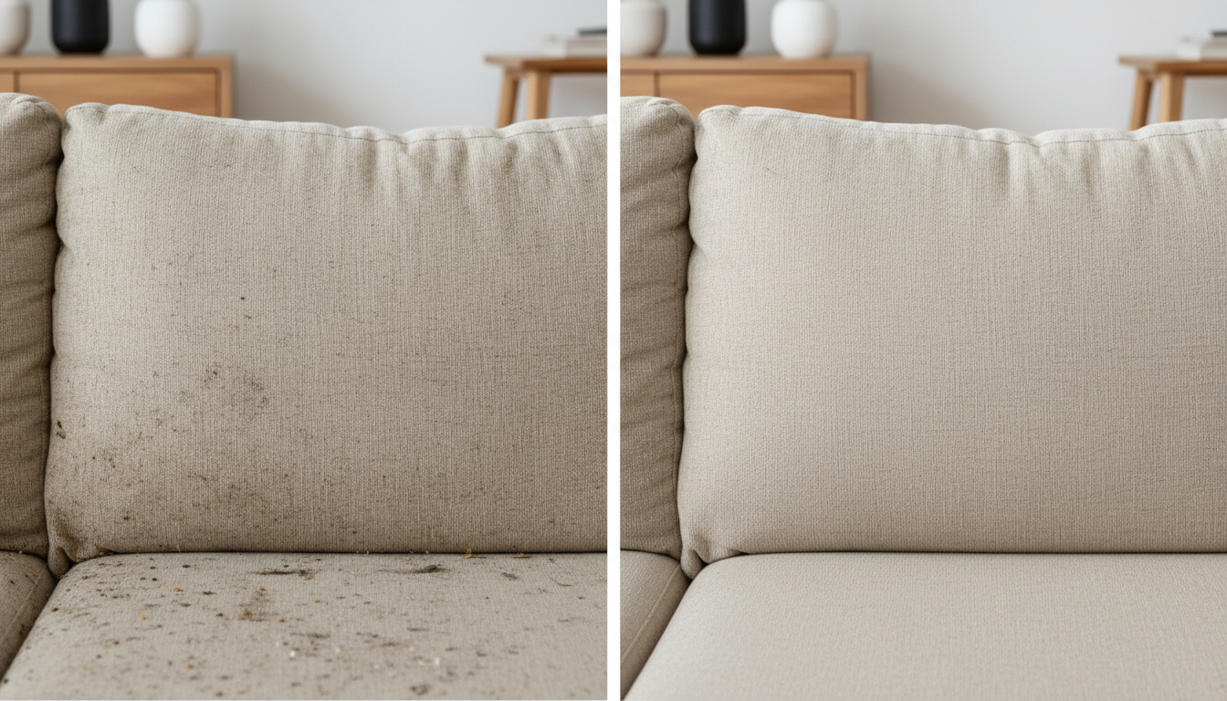 Before and after comparison of upholstery cleaning on a couch in North Bay