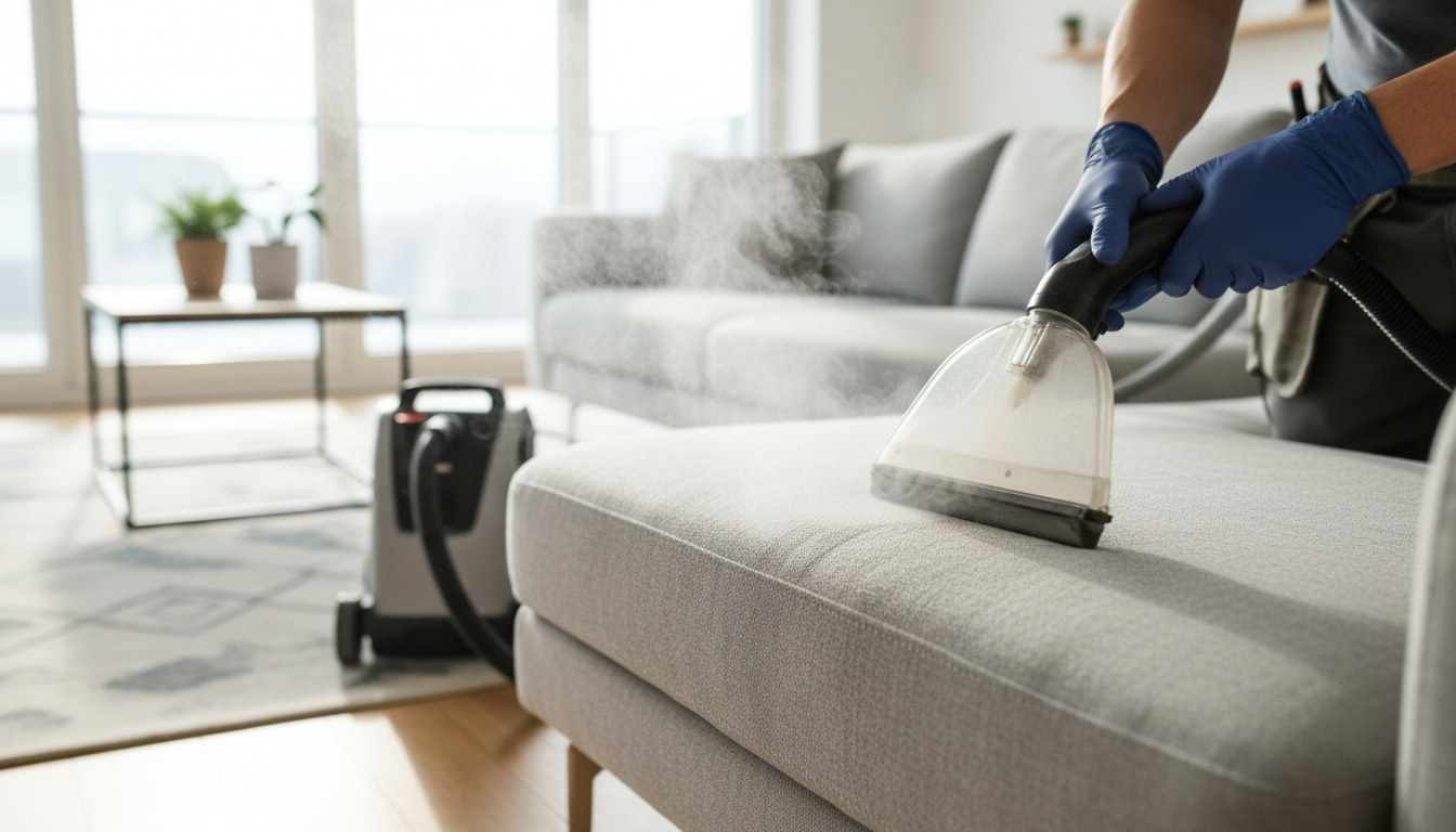 Professional upholstery cleaning service on a living room sofa in North Bay
